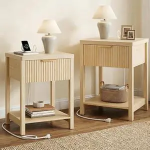 Night Stand Set 2, Fluted Nightstand with Charging Station, Wood Modern Bedside End Table with Storage Drawer for Bedroom, Save Space (Set of 2, Natural Oak) Night Stand Set 2, Fluted Nightstand with Charging Station, Wood Modern Bedside End Table with Storage Drawer for Bedroom, Save Space (Set of 2, Natural Oak)