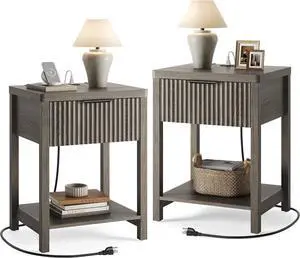 2-Pack Fluted Nightstands with Charging Station, Modern Wood Bedside Tables with Storage Drawer for Bedroom, Space-Saving End Tables Dark Grey Oak 2-Pack Fluted Nightstands with Charging Station, Modern Wood Bedside Tables with Storage Drawer for Bedroom, Space-Saving End Tables Dark Grey Oak