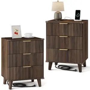 Wood Nightstand Set of 2 W/Charging Station, 3 Drawers Fluted Design | metal slide rail, modern style bedside table, storage save space, bedroom living room Wood Nightstand Set of 2 W/Charging Station, 3 Drawers Fluted Design | metal slide rail, modern style bedside table, storage save space, bedroom living room