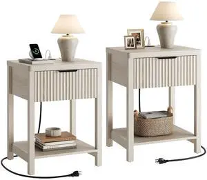 Wooden White Night Stand, Fluted Nightstand with Charging Station | storage drawer, metal slide rail, modern style bedside table, round corners, open shelf, save space, living room furniture Wooden White Night Stand, Fluted Nightstand with Charging Station | storage drawer, metal slide rail, modern style bedside table, round corners, open shelf, save space, living room furniture