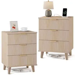 Wood Nightstand Set of 2 with Charging Station, 3 Drawers Fluted Design, Modern End Table for Bedroom Natural Oak Wood Nightstand Set of 2 with Charging Station, 3 Drawers Fluted Design, Modern End Table for Bedroom Natural Oak