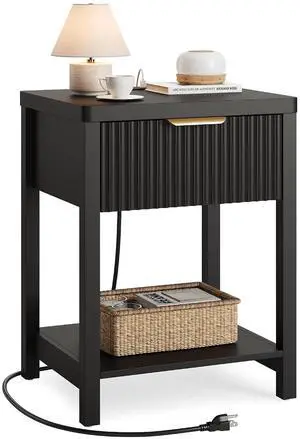 Modern Black Night Stand, Fluted Nightstand with Charging Station, Wood Modern Bedside End Table with Storage Drawer for Bedroom, Save Space (Set of 1, Black) Modern Black Night Stand, Fluted Nightstand with Charging Station, Wood Modern Bedside End Table with Storage Drawer for Bedroom, Save Space (Set of 1, Black)