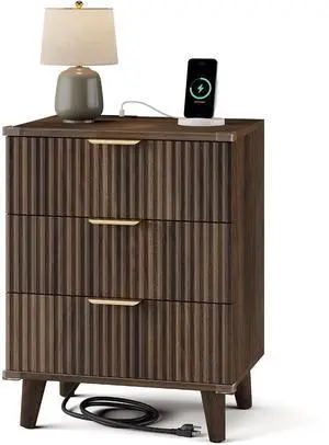 Wood Nightstand with Charging Station, 3 Drawers Fluted Design, Modern End Table for Bedroom Walnut Wood Nightstand with Charging Station, 3 Drawers Fluted Design, Modern End Table for Bedroom Walnut