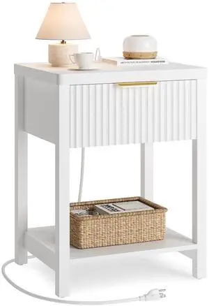 Modern White Night Stand, Fluted Nightstand with Charging Station, Wood Modern Bedside End Table with Storage Drawer for Bedroom, Save Space (Set of 1, White) Modern White Night Stand, Fluted Nightstand with Charging Station, Wood Modern Bedside End Table with Storage Drawer for Bedroom, Save Space (Set of 1, White)