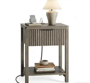 Fluted Nightstand with Charging Station, 1 Drawer, Contemporary Design (Dark Grey) Fluted Nightstand with Charging Station, 1 Drawer, Contemporary Design (Dark Grey)