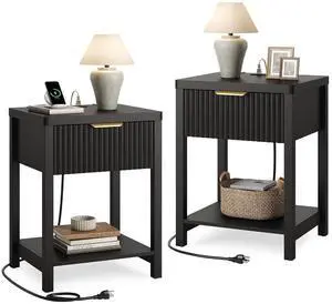 Night Stand Set 2, Fluted Nightstand with Charging Station, Wood Modern Bedside End Table with Storage Drawer for Bedroom, Save Space (Set of 2, Black) Night Stand Set 2, Fluted Nightstand with Charging Station, Wood Modern Bedside End Table with Storage Drawer for Bedroom, Save Space (Set of 2, Black)