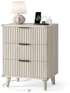 Wood Nightstand with Charging Station, 3 Drawers Fluted Design, Modern End Table for Bedroom Grey White Wood Nightstand with Charging Station, 3 Drawers Fluted Design, Modern End Table for Bedroom Grey White