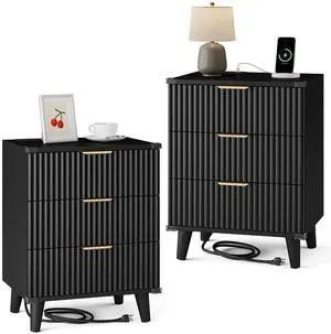 Wood Nightstand Set of 2 with Charging Station, 3 Drawers Fluted Design, Modern End Table for Bedroom Black Wood Nightstand Set of 2 with Charging Station, 3 Drawers Fluted Design, Modern End Table for Bedroom Black