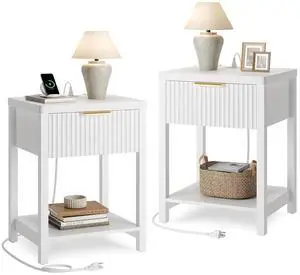 Wooden Modern White Night Stand, Fluted Nightstand with Charging Station (Set of 2, White) | storage drawer, metal slide rail, modern style bedside table, round corners, open shelf, save space, living Wooden Modern White Night Stand, Fluted Nightstand with Charging Station (Set of 2, White) | storage drawer, metal slide rail, modern style bedside table, round corners, open shelf, save space, living
