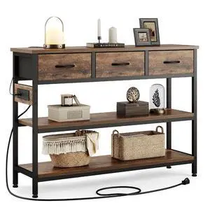 Entryway Table with Outlets, 3 Fabric Drawers, 43 in Console Table | 43.3"W x 11.8"D entry table with 2 outlets, 2 USB ports, swappable plug side, adjustable feet and anti-tip kit. Entryway Table with Outlets, 3 Fabric Drawers, 43 in Console Table | 43.3"W x 11.8"D entry table with 2 outlets, 2 USB ports, swappable plug side, adjustable feet and anti-tip kit.