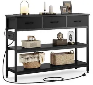 Entryway Table with Outlets, 3 Fabric Drawers, 43 in Console Table | 43.3"W x 11.8"D entry table with 2 outlets, 2 USB ports, swappable plug side, adjustable feet and anti-tip kit. Entryway Table with Outlets, 3 Fabric Drawers, 43 in Console Table | 43.3"W x 11.8"D entry table with 2 outlets, 2 USB ports, swappable plug side, adjustable feet and anti-tip kit.