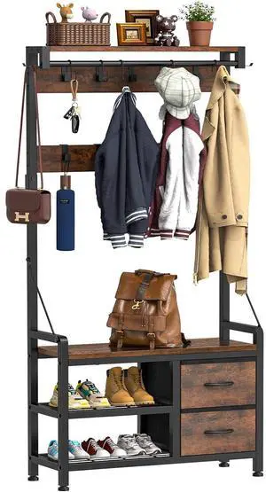 Hall Tree, 31.5 Entryway Bench with Coat Rack freestanding, 5 in 1 Intelligent Design Shoe Bench and Wall Rack 17 Hooks and Drawers (Rustic Brown) Hall Tree, 31.5 Entryway Bench with Coat Rack freestanding, 5 in 1 Intelligent Design Shoe Bench and Wall Rack 17 Hooks and Drawers (Rustic Brown)
