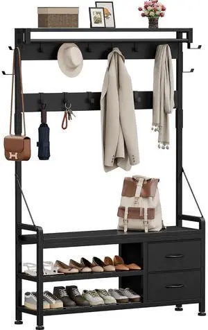 Hall Tree with Bench and Shoe Storage, 39.4 Entryway Bench with Coat Rack freestanding, 5 in 1 Entryway Furniture Organizer Large Coat and Shoe Rack with 21 Hooks and Drawers, Black Hall Tree with Bench and Shoe Storage, 39.4 Entryway Bench with Coat Rack freestanding, 5 in 1 Entryway Furniture Organizer Large Coat and Shoe Rack with 21 Hooks and Drawers, Black