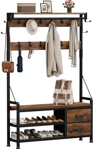 Hall Tree with Bench and Shoe Storage, 39.4 Entryway Bench with Coat Rack freestanding, 5 in 1 Entryway Furniture Organizer Large Coat and Shoe Rack with 21 Hooks and Drawers, Rustic Brown Hall Tree with Bench and Shoe Storage, 39.4 Entryway Bench with Coat Rack freestanding, 5 in 1 Entryway Furniture Organizer Large Coat and Shoe Rack with 21 Hooks and Drawers, Rustic Brown