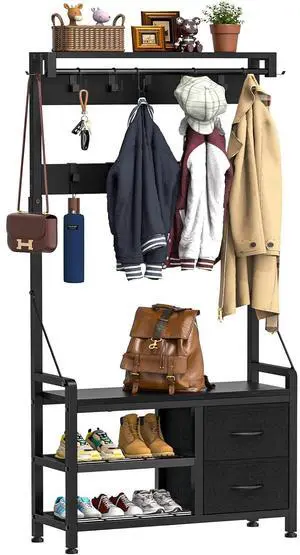 Hall Tree, 31.5 Entryway Bench with Coat Rack freestanding, 5 in 1 Intelligent Design Shoe Bench and Wall Rack 17 Hooks and Drawers (Black) Hall Tree, 31.5 Entryway Bench with Coat Rack freestanding, 5 in 1 Intelligent Design Shoe Bench and Wall Rack 17 Hooks and Drawers (Black)