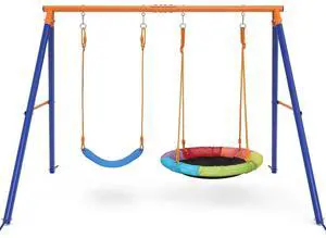 Swing Set for Backyard, 32" Saucer and Belt Seat, 440 lb Frame | 2 swing styles in one frame: 32" saucer for sharing and 26.2" belt seat for classic swinging, built for sibling play. Swing Set for Backyard, 32" Saucer and Belt Seat, 440 lb Frame | 2 swing styles in one frame: 32" saucer for sharing and 26.2" belt seat for classic swinging, built for sibling play.