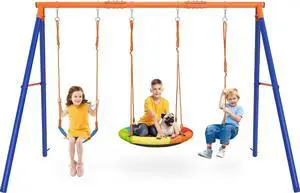 Swing Sets for Backyard, 3 Seats with Saucer, Belt and Disc Swing | 3 stations for larger families: 32" saucer, 26" belt seat, tree disc swing, 124.4" width, galvanized steel. Swing Sets for Backyard, 3 Seats with Saucer, Belt and Disc Swing | 3 stations for larger families: 32" saucer, 26" belt seat, tree disc swing, 124.4" width, galvanized steel.