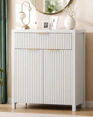Fluted Buffet Cabinet for Kitchen, 28.3" Sideboard Cabinet White | Adjustable Shelves, Quiet Full-Extension Slides, Curved Metal Handle, Coffee Bar with Drawers for Dining Room, Entryway Fluted Buffet Cabinet for Kitchen, 28.3" Sideboard Cabinet White | Adjustable Shelves, Quiet Full-Extension Slides, Curved Metal Handle, Coffee Bar with Drawers for Dining Room, Entryway