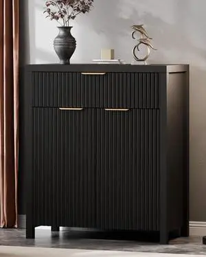 Fluted Buffet Cabinet for Kitchen, 28.3" Sideboard Cabinet Black | Adjustable Shelves, Quiet Full-Extension Slides, Curved Metal Handle, Coffee Bar with Drawers for Dining Room, Entryway Fluted Buffet Cabinet for Kitchen, 28.3" Sideboard Cabinet Black | Adjustable Shelves, Quiet Full-Extension Slides, Curved Metal Handle, Coffee Bar with Drawers for Dining Room, Entryway
