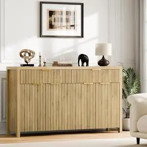 Fluted Storage Cabinet with Drawers Buffet Sideboard Cabinet with Adjustable Shelves for Kitchen Living Room, Kitchen, Entryway (Natural, 13.8" D x 55.09" W x 32.8" H) Fluted Storage Cabinet with Drawers Buffet Sideboard Cabinet with Adjustable Shelves for Kitchen Living Room, Kitchen, Entryway (Natural, 13.8" D x 55.09" W x 32.8" H)