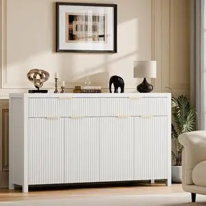 Fluted Storage Cabinet with Drawers Buffet Sideboard Cabinet with Adjustable Shelves for Kitchen Living Room, Kitchen, Entryway (White, 13.8" D x 55.09" W x 32.8" H) Fluted Storage Cabinet with Drawers Buffet Sideboard Cabinet with Adjustable Shelves for Kitchen Living Room, Kitchen, Entryway (White, 13.8" D x 55.09" W x 32.8" H)