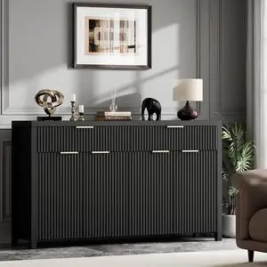 Fluted Storage Cabinet with Drawers Buffet Sideboard Cabinet with Adjustable Shelves for Kitchen Living Room, Kitchen, Entryway (Black, 13.8" D x 55.09" W x 32.8" H) Fluted Storage Cabinet with Drawers Buffet Sideboard Cabinet with Adjustable Shelves for Kitchen Living Room, Kitchen, Entryway (Black, 13.8" D x 55.09" W x 32.8" H)