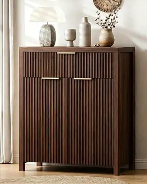 Fluted Storage Cabinet with Drawers Buffet Sideboard Cabinet with Adjustable Shelves for Kitchen Living Room, Kitchen, Entryway (Brown, 13.8" D x 28.3" W x 32.7" H) Fluted Storage Cabinet with Drawers Buffet Sideboard Cabinet with Adjustable Shelves for Kitchen Living Room, Kitchen, Entryway (Brown, 13.8" D x 28.3" W x 32.7" H)