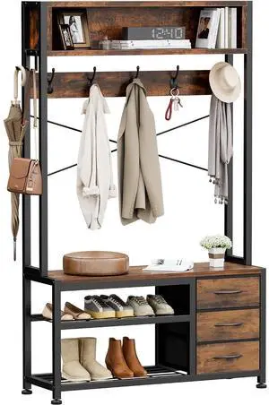 Hall Tree with Bench and Shoe Storage, 31.5" Coat Rack Freestanding with 2-Tier Storage Shelf, 6-in-1 Entryway Bench Coat Rack with 12 Hooks and 3 Drawers(Rustic Brown) Hall Tree with Bench and Shoe Storage, 31.5" Coat Rack Freestanding with 2-Tier Storage Shelf, 6-in-1 Entryway Bench Coat Rack with 12 Hooks and 3 Drawers(Rustic Brown)
