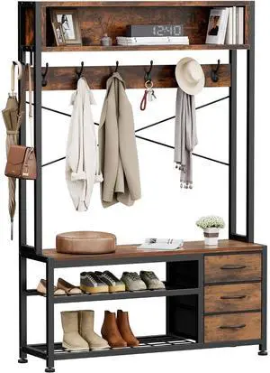 Hall Tree with 3 Drawers, Industrial Entryway 39.4" Coat Rack Shoe Bench, Freestanding Mudroom Organizer with 12 Hooks, Top Shelf Storage (Rustic Brown) Hall Tree with 3 Drawers, Industrial Entryway 39.4" Coat Rack Shoe Bench, Freestanding Mudroom Organizer with 12 Hooks, Top Shelf Storage (Rustic Brown)