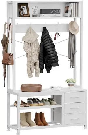 Hall Tree with Bench and Shoe Storage, 31.5" Coat Rack Freestanding with 2-Tier Storage Shelf, 5-in-1 Entryway Bench Coat Rack with 12 Hooks and 3 Drawers(White) Hall Tree with Bench and Shoe Storage, 31.5" Coat Rack Freestanding with 2-Tier Storage Shelf, 5-in-1 Entryway Bench Coat Rack with 12 Hooks and 3 Drawers(White)