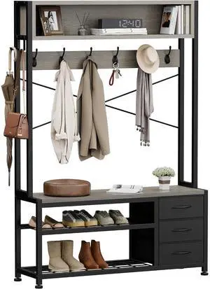 Hall Tree with 3 Drawers, Industrial Entryway 39.4" Coat Rack Shoe Bench, Freestanding Mudroom Organizer with 12 Hooks, Top Shelf Storage (Grey) Hall Tree with 3 Drawers, Industrial Entryway 39.4" Coat Rack Shoe Bench, Freestanding Mudroom Organizer with 12 Hooks, Top Shelf Storage (Grey)