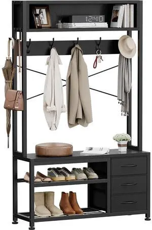 Hall Tree with Bench and Shoe Storage, 31.5" Coat Rack Freestanding with 2-Tier Storage Shelf, 6-in-1 Entryway Bench Coat Rack with 12 Hooks and 3 Drawers(Black) Hall Tree with Bench and Shoe Storage, 31.5" Coat Rack Freestanding with 2-Tier Storage Shelf, 6-in-1 Entryway Bench Coat Rack with 12 Hooks and 3 Drawers(Black)