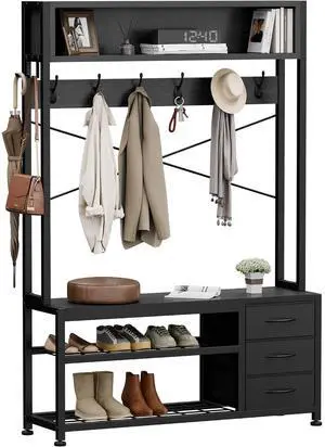 Hall Tree with 3 Drawers, Industrial Entryway 39.4" Coat Rack Shoe Bench, Freestanding Mudroom Organizer with 12 Hooks, Top Shelf Storage (Black) Hall Tree with 3 Drawers, Industrial Entryway 39.4" Coat Rack Shoe Bench, Freestanding Mudroom Organizer with 12 Hooks, Top Shelf Storage (Black)