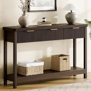 Fluted Console Table, 51 Inch Entryway Table with 3 Drawers | Scandi farmhouse look with quiet full-extension slides, open lower shelf, profile for hallway, entry, foyer or behind sofa. Fluted Console Table, 51 Inch Entryway Table with 3 Drawers | Scandi farmhouse look with quiet full-extension slides, open lower shelf, profile for hallway, entry, foyer or behind sofa.