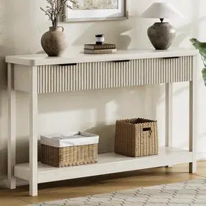 Fluted Console Table, 51 Inch Entryway Table with 3 Drawers | Scandi farmhouse look with quiet full-extension slides, open lower shelf, profile for hallway, entry, foyer or behind sofa. Fluted Console Table, 51 Inch Entryway Table with 3 Drawers | Scandi farmhouse look with quiet full-extension slides, open lower shelf, profile for hallway, entry, foyer or behind sofa.