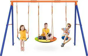 Swing Sets for Backyard, 3 Seats with Saucer, Belt and Disc Swing | 32" saucer, 26" belt seat, tree disc swing let up to three kids play; 124.4" wide frame is best for larger, level yards. Swing Sets for Backyard, 3 Seats with Saucer, Belt and Disc Swing | 32" saucer, 26" belt seat, tree disc swing let up to three kids play; 124.4" wide frame is best for larger, level yards.