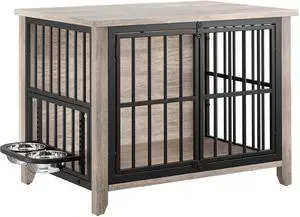 Dog Crate Furniture, Wooden Dog Kennel Indoor with Adjustable 360°& Height Dog Bowls, Double Doors Furniture Dog Crates End Table for Small/Medium 31.5" L*22.5" W*25.6" H, Grey Dog Crate Furniture, Wooden Dog Kennel Indoor with Adjustable 360°& Height Dog Bowls, Double Doors Furniture Dog Crates End Table for Small/Medium 31.5" L*22.5" W*25.6" H, Grey