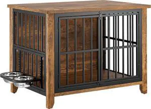 Dog Crate Furniture, Wooden Dog Kennel Indoor with Adjustable 360°& Height Dog Bowls, Double Doors Furniture Dog Crates End Table for Small/Medium 31.5" L*22.5" W*25.6" H, Brown Dog Crate Furniture, Wooden Dog Kennel Indoor with Adjustable 360°& Height Dog Bowls, Double Doors Furniture Dog Crates End Table for Small/Medium 31.5" L*22.5" W*25.6" H, Brown