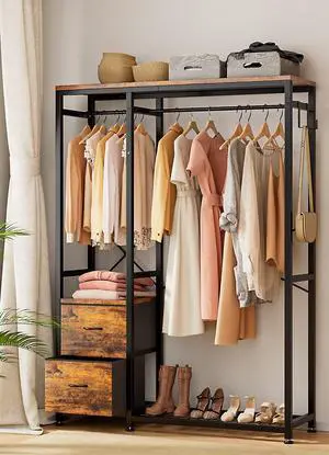 Clothes Rack with 2 Rods, Shelves, Drawers & Hooks, Garment Rack | Clothes rack with 2 hanging rods (50lbs each), 2 shelves, 2 fabric drawers & 4 hooks. 300lb total capacity. Fits small spaces Clothes Rack with 2 Rods, Shelves, Drawers & Hooks, Garment Rack | Clothes rack with 2 hanging rods (50lbs each), 2 shelves, 2 fabric drawers & 4 hooks. 300lb total capacity. Fits small spaces