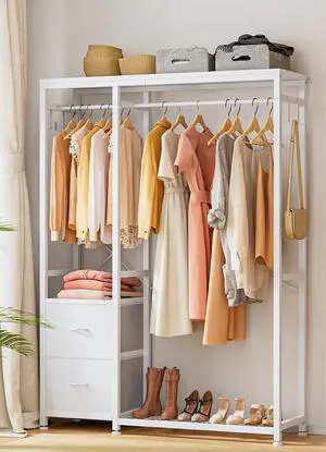 Clothes Rack with 2 Rods, Shelves, Drawers & Hooks, Garment Rack | Clothes rack with 2 hanging rods (50lbs each), 2 shelves, 2 fabric drawers & 4 hooks. 300lb total capacity. Fits small spaces Clothes Rack with 2 Rods, Shelves, Drawers & Hooks, Garment Rack | Clothes rack with 2 hanging rods (50lbs each), 2 shelves, 2 fabric drawers & 4 hooks. 300lb total capacity. Fits small spaces