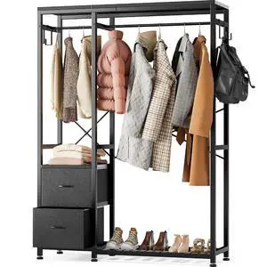 Clothes Rack with 2 Rods, Shelves, Drawers & Hooks, Garment Rack | Clothes rack with 2 hanging rods (50lbs each), 2 shelves, 2 fabric drawers & 4 hooks. 300lb total capacity. Fits small spaces Clothes Rack with 2 Rods, Shelves, Drawers & Hooks, Garment Rack | Clothes rack with 2 hanging rods (50lbs each), 2 shelves, 2 fabric drawers & 4 hooks. 300lb total capacity. Fits small spaces