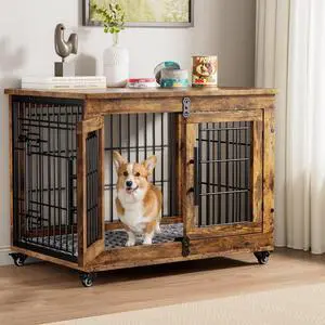 Dog Crate Furniture, Dog Kennel Indoor Double Doors Wooden Dog Cage, 32'' Heavy Duty Dog Crate with Cushion & Wheels, Decorative End Table Pet House Chew-Resistant for Medium/Small, Brown Dog Crate Furniture, Dog Kennel Indoor Double Doors Wooden Dog Cage, 32'' Heavy Duty Dog Crate with Cushion & Wheels, Decorative End Table Pet House Chew-Resistant for Medium/Small, Brown