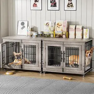 Dog Crate Furniture Set of 2, Dog Kennel Indoor Double Doors Wooden Dog Cage, 32'' Heavy Duty Dog Crate with Cushion & Wheels, End Table Pet House Chew-Resistant Up to 45 lb, Grey Dog Crate Furniture Set of 2, Dog Kennel Indoor Double Doors Wooden Dog Cage, 32'' Heavy Duty Dog Crate with Cushion & Wheels, End Table Pet House Chew-Resistant Up to 45 lb, Grey