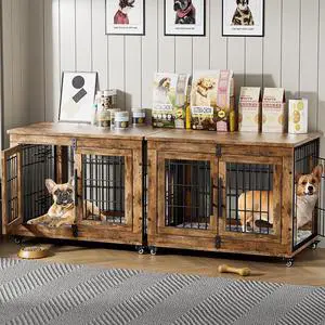 Dog Crate Furniture Set of 2, Dog Kennel Indoor Double Doors Wooden Dog Cage, 32'' Heavy Duty Dog Crate with Cushion & Wheels, End Table Pet House Chew-Resistant Up to 45 lb, Rustic Brown Dog Crate Furniture Set of 2, Dog Kennel Indoor Double Doors Wooden Dog Cage, 32'' Heavy Duty Dog Crate with Cushion & Wheels, End Table Pet House Chew-Resistant Up to 45 lb, Rustic Brown