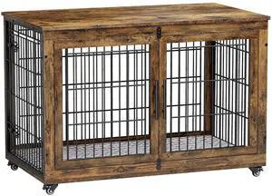Dog Crate Furniture, XL Wooden Dog Kennel Indoor Double Doors Dog Cage, 44'' Heavy Duty Dog Crate with Cushion & Wheels, Decorative End Table Pet House Chew-Resistant for Large Dogs, Brown Dog Crate Furniture, XL Wooden Dog Kennel Indoor Double Doors Dog Cage, 44'' Heavy Duty Dog Crate with Cushion & Wheels, Decorative End Table Pet House Chew-Resistant for Large Dogs, Brown