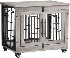 Small Dog Crate Furniture, Dog Kennel Indoor Double Doors Wooden Dog Cage, 27.1'' Heavy Duty Dog Crate with Cushion & Wheels, Decorative End Table Pet House Chew-Resistant for Small Dogs, Grey Small Dog Crate Furniture, Dog Kennel Indoor Double Doors Wooden Dog Cage, 27.1'' Heavy Duty Dog Crate with Cushion & Wheels, Decorative End Table Pet House Chew-Resistant for Small Dogs, Grey