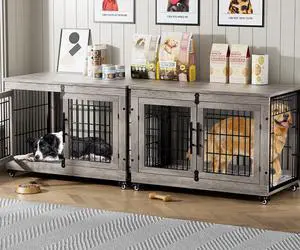 Dog Crate Furniture Set of 2, Dog Kennel Indoor Double Doors Wooden Dog Cage, 38'' Heavy Duty Dog Crate with Cushion & Wheels, End Table Pet House Chew-Resistant Up to 70 lb, Grey Dog Crate Furniture Set of 2, Dog Kennel Indoor Double Doors Wooden Dog Cage, 38'' Heavy Duty Dog Crate with Cushion & Wheels, End Table Pet House Chew-Resistant Up to 70 lb, Grey
