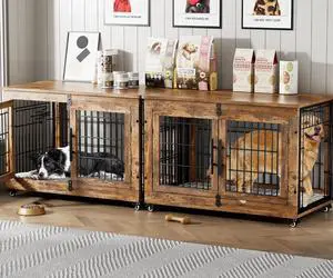 Dog Crate Furniture Set of 2, Dog Kennel Indoor Double Doors Wooden Dog Cage, 38'' Heavy Duty Dog Crate with Cushion & Wheels, End Table Pet House Chew-Resistant Up to 70 lb, Rustic Brown Dog Crate Furniture Set of 2, Dog Kennel Indoor Double Doors Wooden Dog Cage, 38'' Heavy Duty Dog Crate with Cushion & Wheels, End Table Pet House Chew-Resistant Up to 70 lb, Rustic Brown