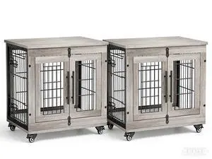 Small Dog Crate Furniture Set of 2, Dog Kennel Indoor Double Doors Wooden Dog Cage, 27'' Heavy Duty Dog Crate with Cushion & Wheels, End Table Pet House Chew-Resistant Up to 30 lb, Grey Small Dog Crate Furniture Set of 2, Dog Kennel Indoor Double Doors Wooden Dog Cage, 27'' Heavy Duty Dog Crate with Cushion & Wheels, End Table Pet House Chew-Resistant Up to 30 lb, Grey