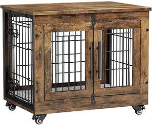Small Dog Crate Furniture, Dog Kennel Indoor Double Doors Wooden Dog Cage, 27.1'' Heavy Duty Dog Crate with Cushion & Wheels, Decorative End Table Pet House Chew-Resistant for Small Dogs, Brown Small Dog Crate Furniture, Dog Kennel Indoor Double Doors Wooden Dog Cage, 27.1'' Heavy Duty Dog Crate with Cushion & Wheels, Decorative End Table Pet House Chew-Resistant for Small Dogs, Brown